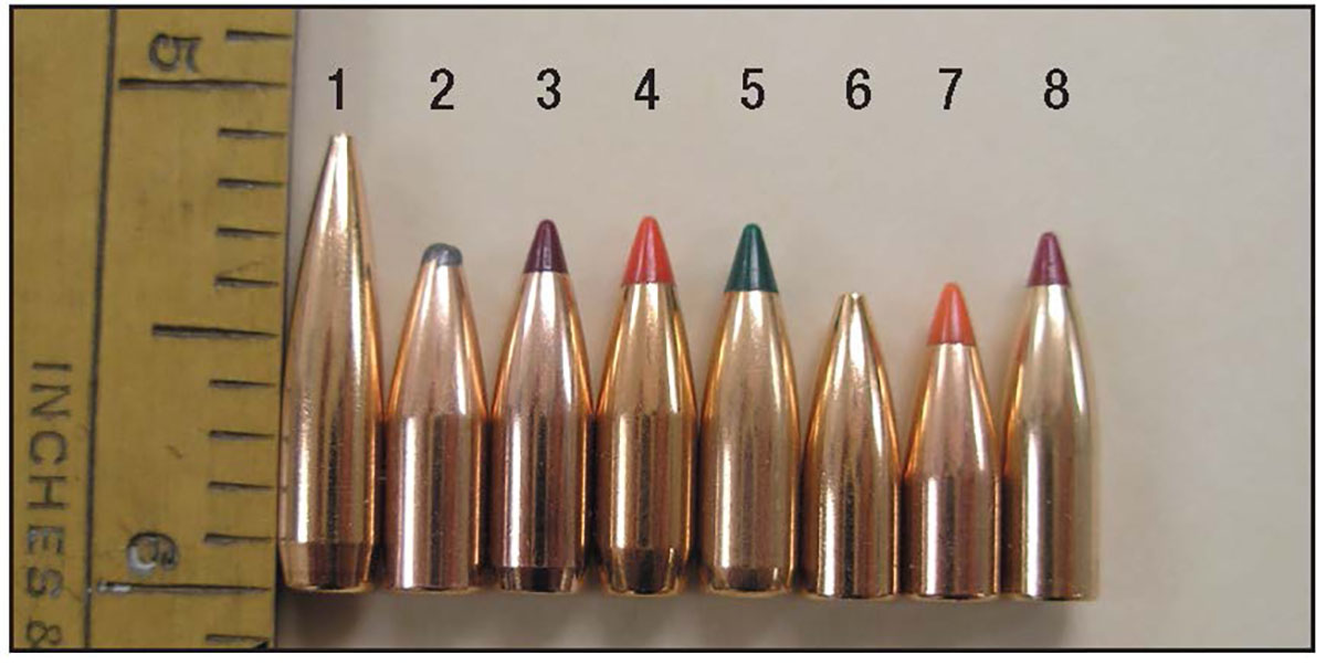 Bullets tested include (left to right): a (1) Berger 55-grain Long Range BT Varmint, (2) Hornady 45 Spire Point, (3) Nosler 40 Ballistic Tip Varmint, (4) Hornady 40 V-MAX, (5) Sierra 39 BlitzKing, (6) Berger 35 FB Varmint, (7) Hornady 32 V-MAX and a (8) Nosler 32 Ballistic Tip Varmint Lead-Free.
